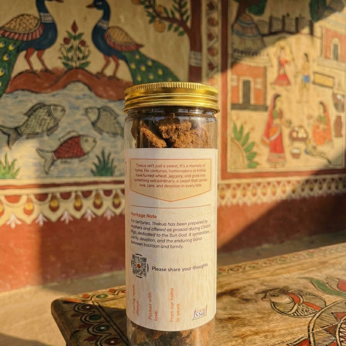 thekua 250gm pack back view in front of mithila painting