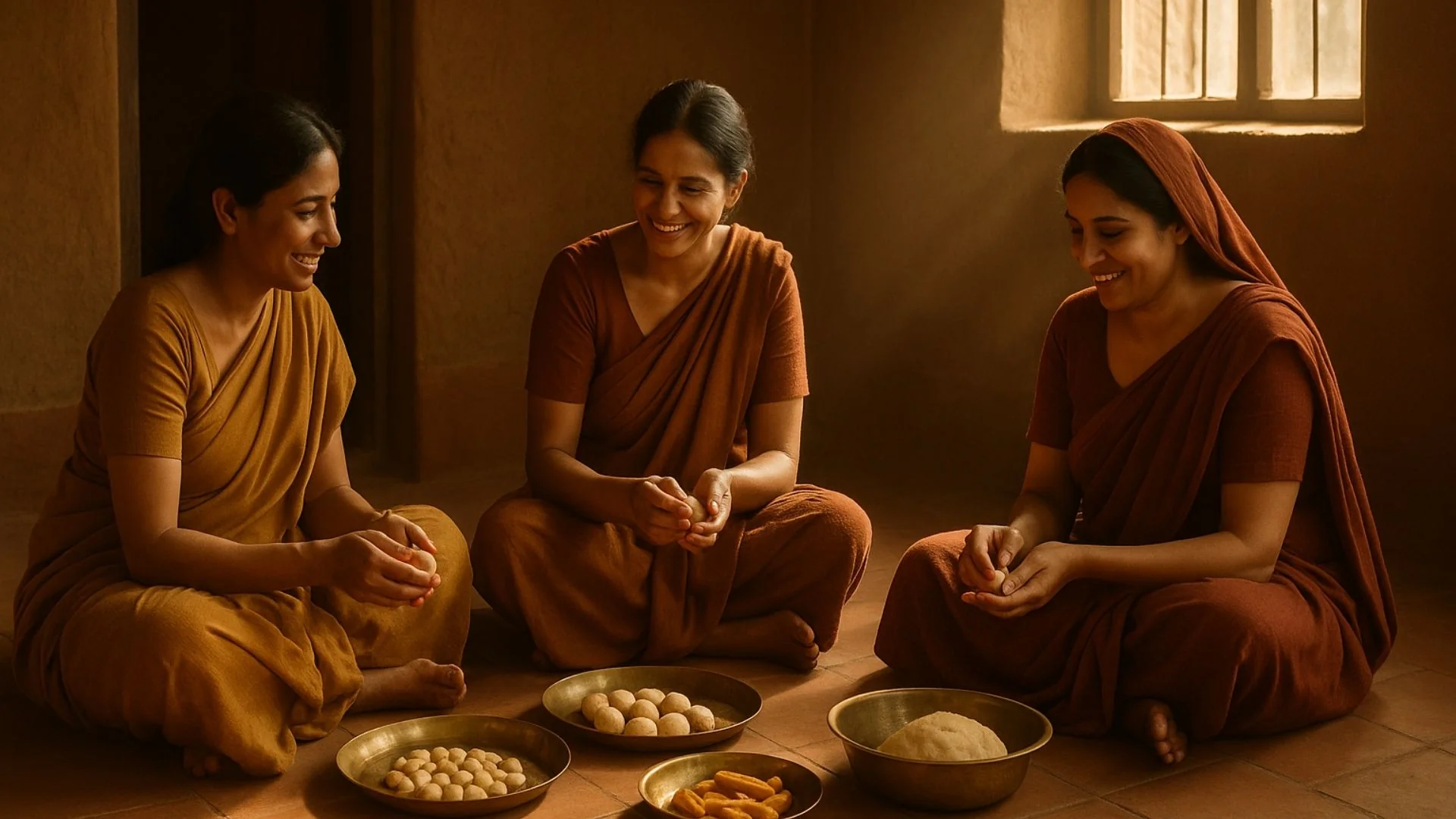 Homemakers in Mithila shaping thekua by hand